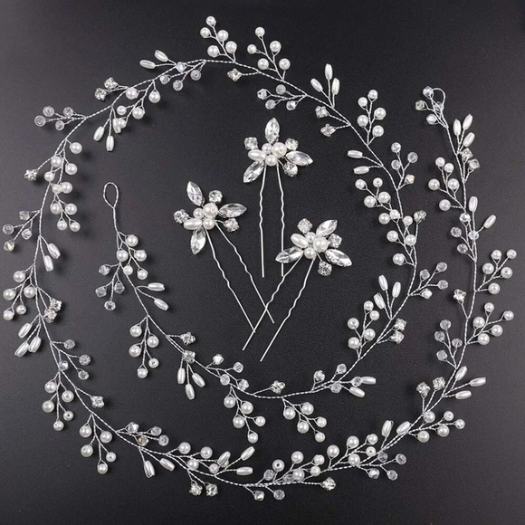 ❤️Women Gold and Silver Extra Long Pearl Bridal Hair  Wedding Head Hair Jewelry - Picture 6 of 6